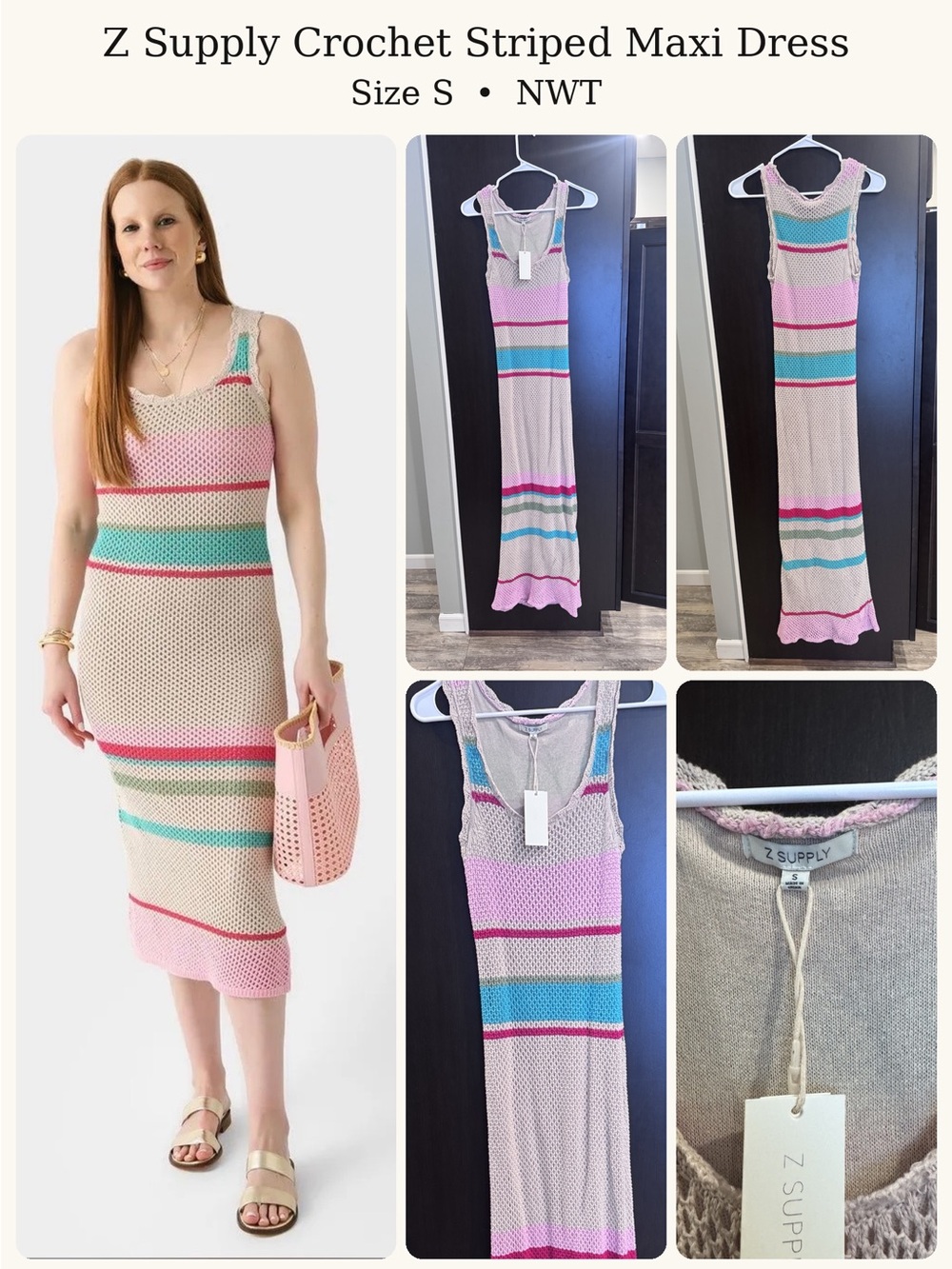 Z Supply Crochet Maxi Dress in Beige with Pink, Teal, and Blue Stripes